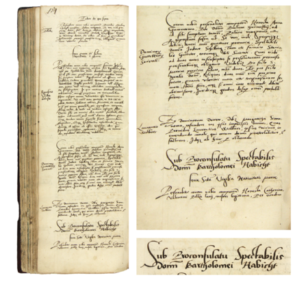 Z księgi radzieckiej obejmującej lata 1545–1547 strona154 z tytułem otwierającym wpisy spraw prowadzonych
za kadencji burmistrzowskiej Barłomieja Habichta w 1545 roku – oraz powiększenie zapisu imienia i funkcji burmistrza
(Archiwum Państwowe w Krakowie, sygn. rkps 440, s. 154)