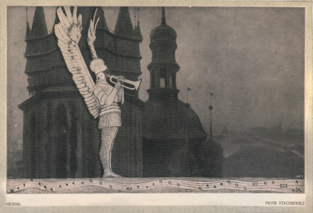 (219) Rycina Piotra Stachiewicza z 1888 r. – widok szczytów wież kościoła Mariackiego, na tle których stoi trębacz w zbroi husarskiej, poniżej nuty hejnału
krakowskiego w zapisie neumatycznym (MK, nr inw. MHK 1628/III)