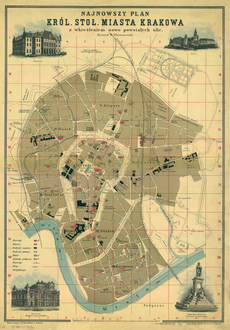 Plan Krakowa autorstwa Wincentego Wdowiszewskiego, wydany w 1898 roku – w około sto lat po przyłączeniu do Krakowa miast Kleparza
i Kazimierza oraz jurydyk, jak też w niespełna 20 lat przed realizacją idei Wielkiego Krakowa, czyli przyłączeniem sąsiadujących gmin i miasta Podgórza. Na planie widoczne Kleparz i Kazimierz jako dzielnice miasta V i VIII, po jurydykach postały ślady w nazwach: ulice Podzamcze, Smoleńska, Garbarska, Biskupia, Szlak, Pędzichów, Lubicz, Radziwiłłowska, plac Na Groblach oraz dzielnica VI Wesoła (ta ostatnia nazwa miała też szerszą konotację). Kazimierskie przedmieście Stradom upamiętniono w nazwie ulicy Stradomskiej. Na zewnątrz granic Krakowa gminy – miejska Podgórze oraz wiejskie – istniejące jeszcze jako odrębne podmioty (ze zbiorów prywatnych)