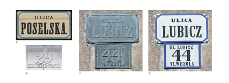 W roku 1881 Rada Miasta Krakowa, utrzymując dotychczasowy podział na 8 dzielnic katastralnych (jedynie Dzielnicę I w miejsce nazwy
„Kraków” nazwano „Śródmieściem”), wprowadziła nowe zasady ponumerowania orientacyjnego domów w mieście. Zasady te przetrwały do
dzisiaj: numeracja domów ulicami (a nie dzielnicami katastralnymi, jak poprzednio), początek numerowania od strony bliższej Rynkowi Głównemu
(na Stradomiu bliższej ul. Stradomskiej, na Kazimierzu bliższej ul. Krakowskiej), numery nieparzyste po prawej stronie. Wprowadzono
jednolite dla całego miasta kolory tabliczek z nazwami ulic i tabliczek orientacyjnych z numerami domów: litery i cyfry koloru czarnego, tło białe,
obwódki tablic niebieskie (DzRMK 1881, nr 1, s. 2–3). Przydzielone wówczas nowe numery domów pozostały już z reguły niezmienione do
naszych czasów (zmiany w przynależności dzielnicowej ulic nie miały znaczenia dla numeru domu), natomiast sam wzór tabliczek wprawdzie
był aktualny jeszcze w okresie okupacji, jednak już w okresie międzywojennym podlegał wymianie na znany nam co do kolorystyki z codzienności
wzór nowy, z białymi literami i cyframi na niebieskim tle, z białą obwódką. Powyżej: 1) z akt magistrackich zatwierdzony w 1881 r. wzór
tabliczki z nazwą ulicy, 2) zachowana i służąca do dzisiaj para tabliczek: z nazwą ulicy i z numerem domu, 3) zaprezentowane obok tabliczki
z domu przy ul. Lubicz (dziś postarzałe i pociemniałe) zgodnie z wytycznymi z roku 1881 pierwotnie wyglądały inaczej – na zdjęciu zrekonstruowano
ówczesną kolorystykę, 4) tabliczka już z okresu Wielkiego Miasta Krakowa (Grzegórzki–Piaski przyłączono do Krakowa w 1910 r.,
ustanawiając dla tej dawnej gminy wiejskiej odrębną dzielnicę katastralną miasta o numerze XIX).