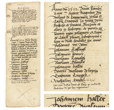 Z księgi radzieckiej obejmującej lata 1500–1512 wpis ze strony 704 z wykazem rajców
urzędujących wybranych na rok 1512, z Janem Hallerem w składzie – oraz powiększenie zapisu imienia
(Archiwum Państwowe w Krakowie, sygn. rkps 431, s. 704)