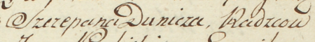 Z księgi rachunkowej miasta Kazimierza obejmującej dochody i wydatki w latach 1794–1795: wpis z 1794 roku,
w którym władze miasta, z rajcą Szczepanem Duniczem w składzie, stwierdzają dochód w postaci pożyczki zaciągniętej
u Tomasza Raczyńskiego, pisarza wielkorządowego – oraz zbliżenie zapisu imienia i urzędu
(Archiwum Narodowe w Krakowie, sygn. K 690, s. 4)