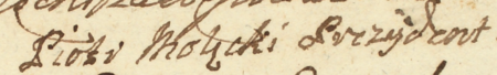 Z księgi radzieckiej Kleparza obejmującej protokoły obrad z lat 1773–1793: końcowy fragment protokołu z 1793 roku
z podpisami rajców, ławników i delegatów pospólstwa obradujących nad przeprowadzeniem rozliczeń należności podatkowych;
na pierwszej pozycji podpis ówczesnego burmistrza Piotra Molęckiego – oraz zbliżenie zapisu imienia i funkcji
(Archiwum Narodowe w Krakowie, sygn. KL 117, s. 223)