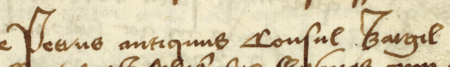 Z księgi radzieckiej Kazimierza obejmującej lata 1481–1508: wpis sprawy z 1484 roku,
w której zapisany został Petrus antiquus consul Bargil – zbliżenie zapisu imienia i urzędu
(Archiwum Narodowe w Krakowie, sygn. K 7, s. 51)