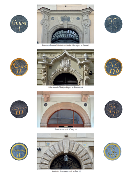 Tabliczki z numerami dzielnic i domów według jednolitego wzoru wprowadzonego po roku 1815 dla
11 gmin miejskich Wolnego Miasta Krakowa (Rzeczypospolitej Krakowskiej) – obowiązywały do końca
roku 1858, kiedy to podział miasta na 11 gmin, wówczas już tylko o znaczeniu katastralnym, zastąpiono
podziałem na 8 dzielnic katastralnych, jednocześnie dokonując w mieście zmiany numeracji domów