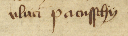 Z księgi rachunków miejskich obejmującej lata 1392–1393 strona 1 z wykazem rajców urzędujących w 1392 roku –
oraz powiększenie zapisu imienia (Archiwum Państwowe w Krakowie, sygn. rkps 1588, s. 1)