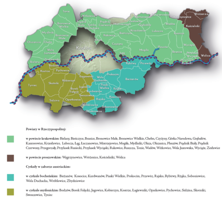 Na planie obrazującym dzisiejsze granice Krakowa miejscowości przyłączone do Krakowa po 1915 roku, oznaczone kolorami określającymi
ich przynależność do powiatów w I Rzeczypospolitej oraz cyrkułów na terenach pod zaborem austriackim w latach 1782–1795