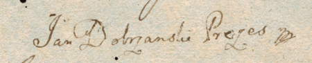 Z akt magistratu miasta Kazimierza z lat 1797–1802: jeden z ostatnich zachowanych dokumentów wystawionych
przez władze samodzielnego miasta Kazimierza – wydane 1 maja 1802 roku przez burmistrza Jana Dobrzańskiego,
podpisanego jako „prezes”, obwieszczenie o mającej się odbyć 18 maja w siedzibie Urzędu Cyrkularnego Krakowskiego
licytacji domu położonego na krakowskim przedmieściu Piasek – oraz zbliżenie podpisu wraz z zapisem urzędu
(Archiwum Państwowe w Krakowie, sygn. K 356, s. 725)