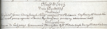 Z sentencjonarza obrad Senatu Rządzącego Wolnego Miasta Krakowa wpis z 1824 r.
dotyczący p.o. wójta Michała Mohra
(Archiwum Narodowe w Krakowie, sygn. WMK IV-11, s. 175)