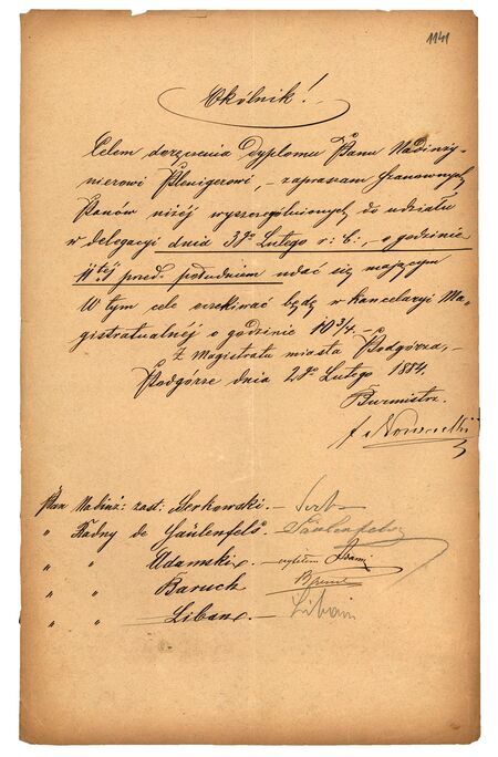 Pismo okólne z początku 1884 r., którym naczelnik gminy – burmistrz Podgórza Florian Nowacki organizuje wręczenie przez delegację miejską dyplomu honorowego obywatelstwa Karolowi Plenigerowi, uhonorowanemu we wrześniu 1883 r.