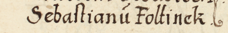 Z księgi radzieckiej Kleparza obejmującej lata 1569–1573: fragment wpisu z 1572 roku dokumentującego
wybór rady urzędującej, z rajcą-burmistrzem Sebastianem Foltinkiem w składzie – oraz zbliżenie zapisu imienia
(Archiwum Narodowe w Krakowie, sygn. KL 28, s. 479v)