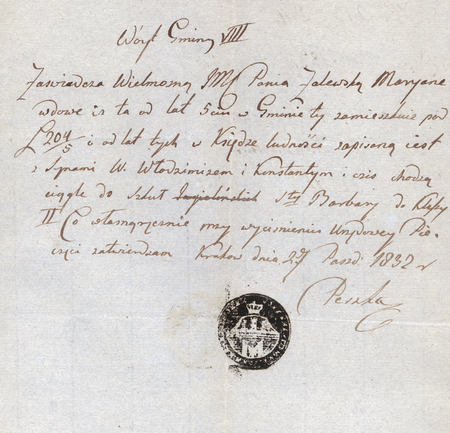 Ze zbioru zaświadczeń szkolnych i metryk uczniów
dokument wystawiony w 1832 r. przez wójta Macieja Peszkę
(Archiwum Narodowe w Krakowie, sygn. 29-482-211, s. 143)