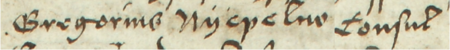 Z księgi miejskiej ławniczej Kleparza obejmującej lata 1499–1528: fragment wpisu z 1503 roku dotyczącego
sprawy przed ławą z udziałem Grzegorza Niepelno, rajcy kleparskiego – zbliżenie zapisu imienia i urzędu
(Archiwum Narodowe w Krakowie, sygn. KL 1, s. 56)