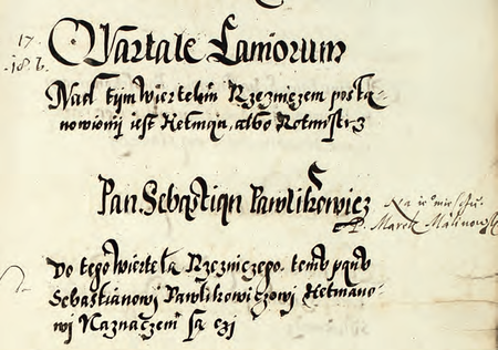 Z księgi radzieckiej zawierającej uchwały z lat 1538–1643 dotyczące organizacji życia publicznego miasta fragment
wpisu z 1575 r. dokumentującego powołanie Sebastiana Pawlikowicza na funkcję hetmana Kwartału Garncarskiego;
tam również późniejsza adnotacja wymieniająca jego następcę
(Archiwum Narodowe w Krakowie, sygn. rkps 1213, s. 61)