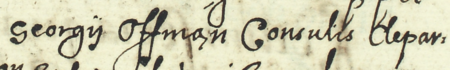Z księgi wójtowskiej Kleparza obejmującej lata 1611–1617: fragment wpisu z 1616 roku,
dotyczącego sprawy z udziałem Anny, wdowy po Jerzym Offmanie, rajcy kleparskim, związanej z sekwestrem
założonym na dobrach ruchomych i nieruchomych jej zmarłego męża – zbliżenie zapisu imienia i urzędu
(Archiwum Narodowe w Krakowie, sygn. KL 10, s. 687)