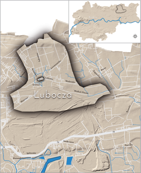 Orientacyjna lokalizacja dawnej wsi Lubocza w obecnych granicach Krakowa – na planie miasta
oznaczono jej położenie w kształcie wyznaczonym granicami jednostki katastralnej, jaką stanowiła,
ze wskazaniem najstarszego, historycznego centrum Luboczy w rejonie dzisiejszej ulicy Lubockiej