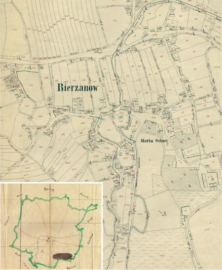 Centrum Bieżanowa na mapie katastralnej sporządzonej dla gminy katastralnej Bieżanów w 1849 roku oraz pochodzący
z 1845 roku plan sytuacyjny z wyrysowanymi granicami gminy Bieżanów i lokalizacją gmin sąsiadujących
(Archiwum Narodowe w Krakowie, sygn. K. Krak. 34 V; sygn. K. Krak. op. 6, s. 1)