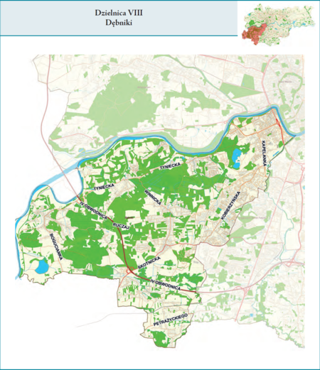 Dzielnica VIII Dębniki według stanu z 2017 r. na przywołanym wcześniej planie miasta z tego samego roku – dzielnica samorządowa
o powierzchni 46,19 km² (udział 14,13% w całej powierzchni miasta), położona na terenach historycznych jednostek katastralnych:
Dębniki, Zakrzówek, Sidzina, Skotniki, Tyniec, Kostrze, Bodzów i Pychowice, po części także Ludwinów i Kobierzyn,
fragmentami Borek Fałęcki, Opatkowice i Libertów (vide plan na s. 239).
Opis przebiegu granic tej dzielnicy podano na następnej stronie.