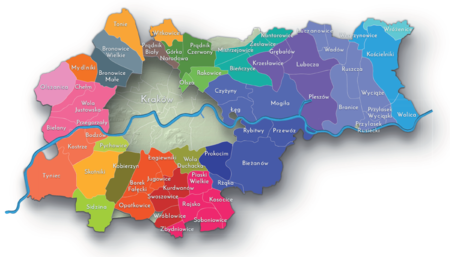 Na planie obrazującym dzisiejsze granice Krakowa miejscowości przyłączone do Krakowa po 1915 roku,
oznaczone kolorami określającymi ich historyczną przynależność parafialną według stanu z roku 1941