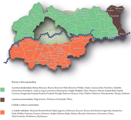 Na planie obrazującym dzisiejsze granice Krakowa miejscowości przyłączone do Krakowa po 1915 roku, oznaczone kolorami określającymi
ich przynależność do powiatów w I Rzeczypospolitej oraz cyrkułów na terenach pod zaborem austriackim w latach 1772–1782
