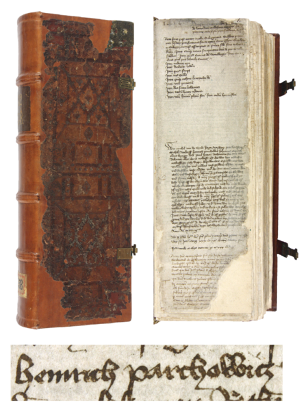 Z księgi sprzedaży czynszów miejskich zawierającej wpisy z lat 1412–1415 przednia okładzina i strona 1 z wpisem z 1412
roku, stwierdzającym zobowiązanie rajców krakowskich, wśród nich Henryka Parchwicza, do wypłacania w imieniu miasta
Janowi Jorgebartuszowi z Gliwic czynszu z dochodów miasta z tytułu zaciągniętej u niego pożyczki –
oraz powiększenie zapisu imienia (Archiwum Państwowe w Krakowie, sygn. rkps 1358, s. 1)