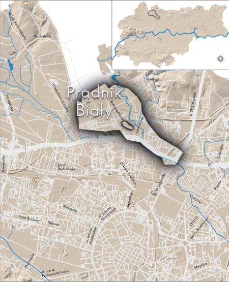 Orientacyjna lokalizacja dawnej wsi Prądnik Biały w obecnych granicach Krakowa – na planie miasta oznaczono
jej położenie w kształcie wyznaczonym granicami jednostki katastralnej, jaką stanowiła, ze wskazaniem
najstarszego, historycznego centrum Prądnika Białego w rejonie dzisiejszej ulicy Białoprądnickiej