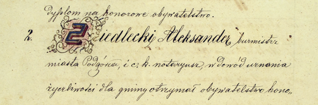 Z założonej w 1867 roku Księgi [Książki] Obywateli Miasta Podgórza, uwieczniającej wszystkie honorowe obywatelstwa
Podgórza oraz niektóre zwykłe obywatelstwa miejskie: przód okładziny i strona z pierwszymi wpisami – oraz zbliżenie wpisu
honorującego Aleksandra Siedleckiego (Archiwum Narodowe w Krakowie, sygn. P 33, okładzina i s. 5)