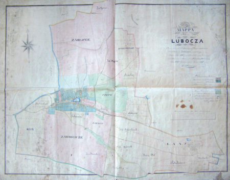 Z oryginalnego opisu: Mapa wsi Lubocza Przewielebnych PP. kanoniczek Premonstrateńskich S. Norberta na Zwierzyńcu
dziedzicznej zdjęta w roku 1821 przez Wincentego Jarockiego geometrę przysięgłego, a po urządzeniu na wieczność przez
komisję włościańską w roku 1835 oddelienowaną podług tego 1850 roku Karol Bełcikowski geometra przysięgły
(Archiwum Klasztoru Sióstr Norbertanek w Krakowie, sygn. XXIVc/2)