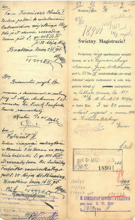 Z magistrackich akt Tabliczki orientacyjne na domy – dostawa Pollak Rudolf z Pragi 1912–1913
informacja przekazana w 1915 r. przez komisarza Franciszka Górskiego do Budownictwa Miejskiego
o osobie zamieszkałej przy al. Mickiewicza – celem ściągnięcia należności za tabliczkę na domu
(Archiwum Narodowe w Krakowie, sygn. Kr 7693, nlb)