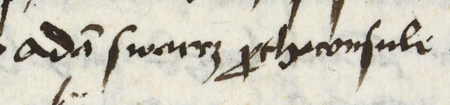 Z księgi testamentów obejmującej lata 1427–1623 fragment strony 154 z wpisem z 1494 roku stwierdzającym,
że Jan Włochaty złożył swoje zeznanie testamentowe w obecności rajców Adama Szwarca, wówczas burmistrza, Stanisława
Zygmuntowicza (nr 274) i Jana Wiewiórki (nr 294) – oraz powiększenie zapisu imienia i funkcji burmistrza
(Archiwum Państwowe w Krakowie, sygn. rkps 772, s. 154)