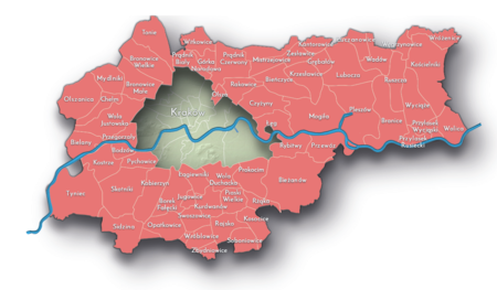 Na planie obrazującym dzisiejsze granice Krakowa miejscowości przyłączone do Krakowa po 1915 roku, oznaczone
kolorem czerwonym określającym ich przynależność państwową w latach 1918–1939
do państwa polskiego – II Rzeczypospolitej