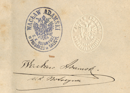 Złożony
około roku 1880 w Izbie Notarialnej w Krakowie wzór pieczęci i podpisu notariusza Wacława Adamskiego
(Archiwum Narodowe w Krakowie, sygn. I Not. 427, s. 73)
