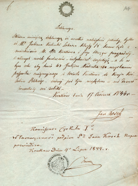 Z akt emigracyjnych Wydziału Spraw Wewnętrznych i Policji Wolnego Miasta Krakowa deklaracja
z podpisem uwierzytelnionym przez komisarza Józefa Nowaka
(Archiwum Narodowe w Krakowie, sygn. WMK VI-63, s. 147)