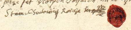Pierwsza i ostatnia strona testamentu Stanisława Chodowicza, który podyktował 20 lutego 1641 roku,
na krótko przed śmiercią, „dwa pozwy na to mając, to jest starość i chorobę”; na powiększeniu jego własnoręczny podpis z podaniem rajcowskiego tytułu oraz z odciśniętym gmerkiem (Biblioteka Jagiellońska, sygn. rkps 884, s. 101–102)