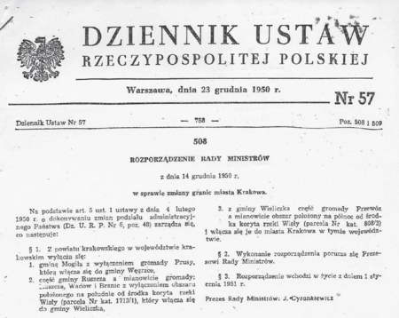 Pełny tekst rozporządzenia Rady Ministrów z 14 grudnia 1950 roku w sprawie zmiany granic miasta Krakowa,
opublikowanego w Dzienniku Ustaw z 1950 roku, Nr 57, poz. 508
(z zasobów Urzędu Miasta Krakowa)