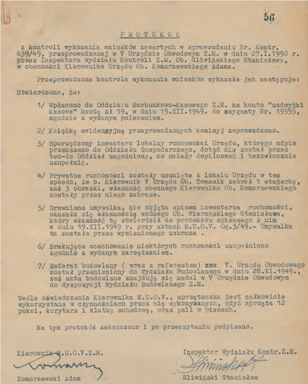 Z magistrackich Akt kontroli miejskich urzędów obwodowych w Krakowie 1946–1950
protokół pokontrolny sporządzony w 1950 r. z udziałem kierownika Adama Komarzewskiego
(Archiwum Narodowe w Krakowie, sygn. 29-699-683, nlb)