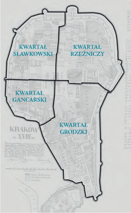 Plan konturowy podziału Krakowa na kwartały w okresie staropolskim
na podkładzie planu miasta
przedstawionego w pełnym kształcie na s. 258