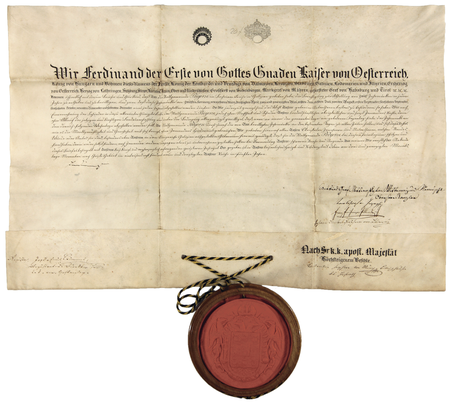 Dokument wystawiony w 1839 roku w Wiedniu, mocą którego cesarz Ferdynand I nadał Podgórzu przywilej dwunastu jarmarków w roku
(Archiwum Narodowe w Krakowie, sygn. perg. 1097)