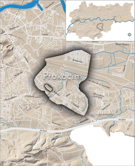 Orientacyjna lokalizacja dawnej wsi Prokocim w obecnych granicach Krakowa – na planie miasta oznaczono
jej położenie w kształcie wyznaczonym granicami jednostki katastralnej, jaką stanowiła, ze wskazaniem najstarszego,
historycznego centrum Prokocimia w rejonie dzisiejszej ulicy Wielickiej, w pobliżu strugi Drwinki