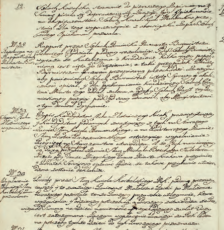 Z Protokołołu sesji magistratu miasta głównego Krakowa na mocy sejmu grodzieńskiego
obranego… fragment wpisów z 1794 r. – pod nrem 28 stanowisko względem raportu
przedłożonego przez burmistrza Dominika Nunasta
(Archiwum Narodowe w Krakowie, sygn. rkps 1266, s. 12)