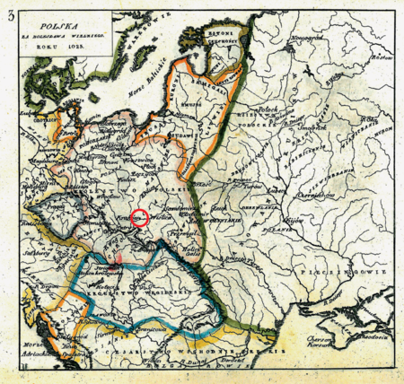 Mapa nr 3
Terytorium ziemi krakowskiej na mapie przedstawiającej państwo polskie w roku śmierci Bolesława
Chrobrego (1025), w granicach dopiero co powstałego po koronacji Bolesława królestwa