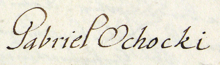 Z księgi radzieckiej obejmującej lata 1676–1680 fragment strony 6 z wykazem rajców urzędujących
nominowanych na rok 1676, wśród których znajduje się G abriel Ochocki – oraz powiększenie zapisu imienia
(Archiwum Państwowe w Krakowie, sygn. rkps 468, s. 6)
