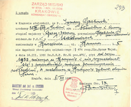 Z akt Przekroczenia meldunkowe, doniesienia o braku meldunku 1934–1935 sporządzona w 1935 r.
przez komisarza Mariana Benedyktowicza notatka służbowa o niedopełnieniu obowiązku meldunkowego
(Archiwum Narodowe w Krakowie, sygn. Kr 5383, s. 233)