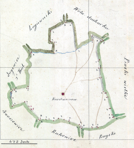 Fragment centrum Kurdwanowa na mapie katastralnej sporządzonej dla gminy katastralnej Kurdwanów w 1847 roku oraz
wykonany w 1847 roku plan sytuacyjny z wyrysowanymi granicami gminy Kurdwanów oraz lokalizacją gmin sąsiadujących
(Archiwum Narodowe w Krakowie, sygn. K. Krak. 302 II; sygn. K. Krak. op. 76, s. 1)