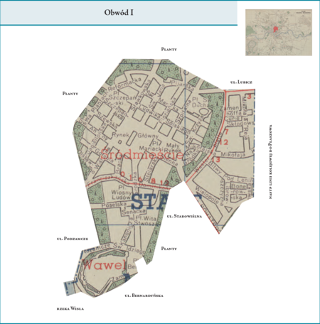 Obwód I według stanu z roku 1951 na przywołanym wcześniej planie miasta z 1957 r. – dzielnica administracyjna
analogiczna do Obwodu I z poprzedniego podziału wewnętrznego miasta, obejmująca zatem w całości obszar dzielnic
katastralnych I–Śródmieście i II–Wawel oraz częściowo, w jej zachodnim fragmencie, dzielnicę katastralną VI–Wesoła
(pozostała część tej dzielnicy katastralnej wchodziła w obszar Obwodu V).