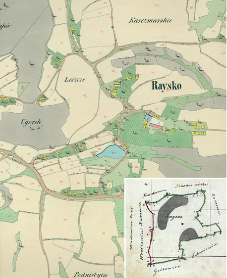 Centrum Rajska na mapie katastralnej sporządzonej dla gminy katastralnej Rajsko w 1849 roku oraz pochodzący
z 1847 roku plan sytuacyjny z wyrysowanymi granicami gminy Rajsko oraz lokalizacją gmin sąsiadujących
(Archiwum Narodowe w Krakowie, sygn. K. Krak. 514 IV; sygn. K. Krak. op. 128, s. 1)