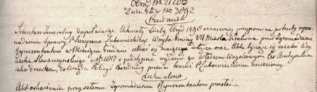 Z sentencjonarza obrad Senatu Rządzącego Wolnego Miasta Krakowa wpis z 1819 r.
dotyczący wójta Szczepana Lubowieckiego
(Archiwum Narodowe w Krakowie, sygn. WMK IV-6, s. 357)
