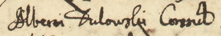 Z księgi wójtowskiej Kleparza obejmującej lata 1649–1653: fragment wpisu z 1653 roku stanowiącego spis inwentarza pośmiertnego
sporządzonego po zgonie Wojciecha Dulowskiego, rajcy kleparskiego – zbliżenie zapisu imienia i urzędu
(Archiwum Narodowe w Krakowie, sygn. KL 1, s. 451)
