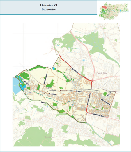 Dzielnica VI Bronowice według stanu z 2017 r. na przywołanym wcześniej planie miasta z tego samego roku – dzielnica samorządowa
o powierzchni 9,56 km² (udział 2,92% w całej powierzchni miasta), położona na terenach historycznych jednostek katastralnych:
Bronowice Małe i Mydlniki, fragmentami także Łobzów, Wola Justowska i Chełm (vide plan na s. 239).
Opis przebiegu granic tej dzielnicy podano na następnej stronie.