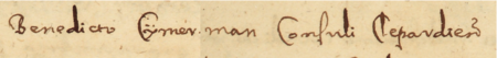 Z księgi ławniczej Krakowa obejmującej lata 1643–1649: fragment dokonanego w roku 1644 wpisu
dotyczącego cesji praw między Mikołajem Delpacem, mieszczaninem krakowskim,
a Benedyktem Cymermanem, rajcą kleparskim – oraz zbliżenie zapisu imienia i urzędu
(Archiwum Narodowe w Krakowie, sygn. rkps 37, s. 479)